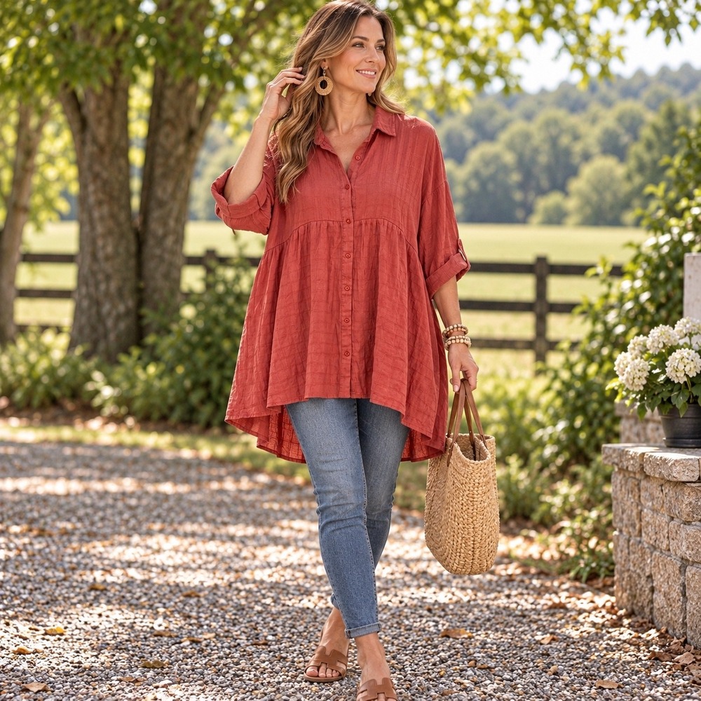 Entro Rust Orange Textured Tiered Babydoll Tunic Top M Short Sleeve Lagenlook